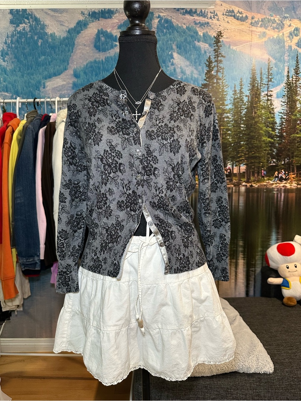 Express Black and Gray Floral Knit Cardigan